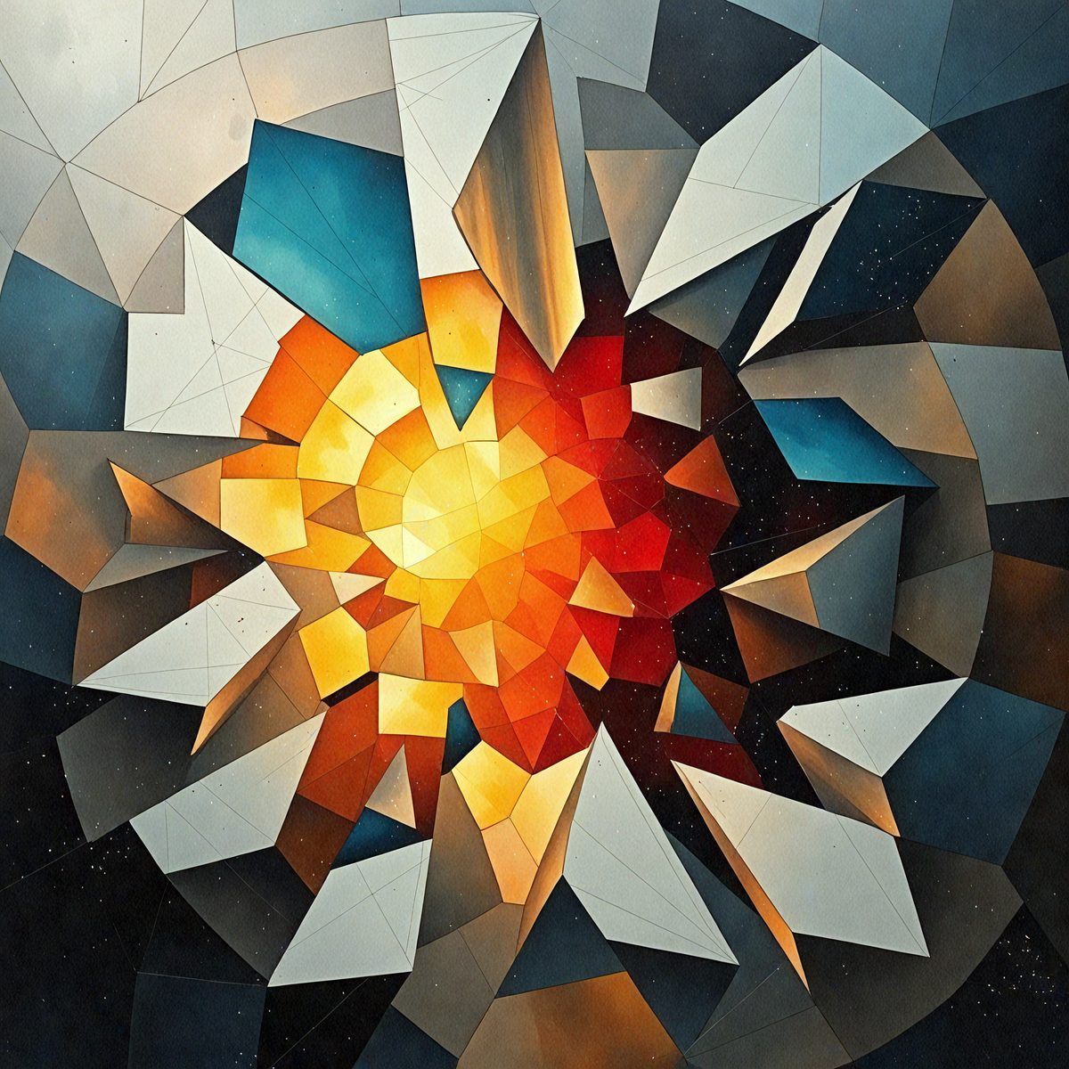The primary subject of the image is a colorful, geometric artwork featuring a sun-like shape with a yellow center. The setting is a black background, which contrasts with the vibrant colors of the artwork. The visual style is a combination of digital art and illustration, creating a unique and eye-catching design. The dominant colors are yellow, orange, and red, giving the artwork a warm and lively atmosphere.